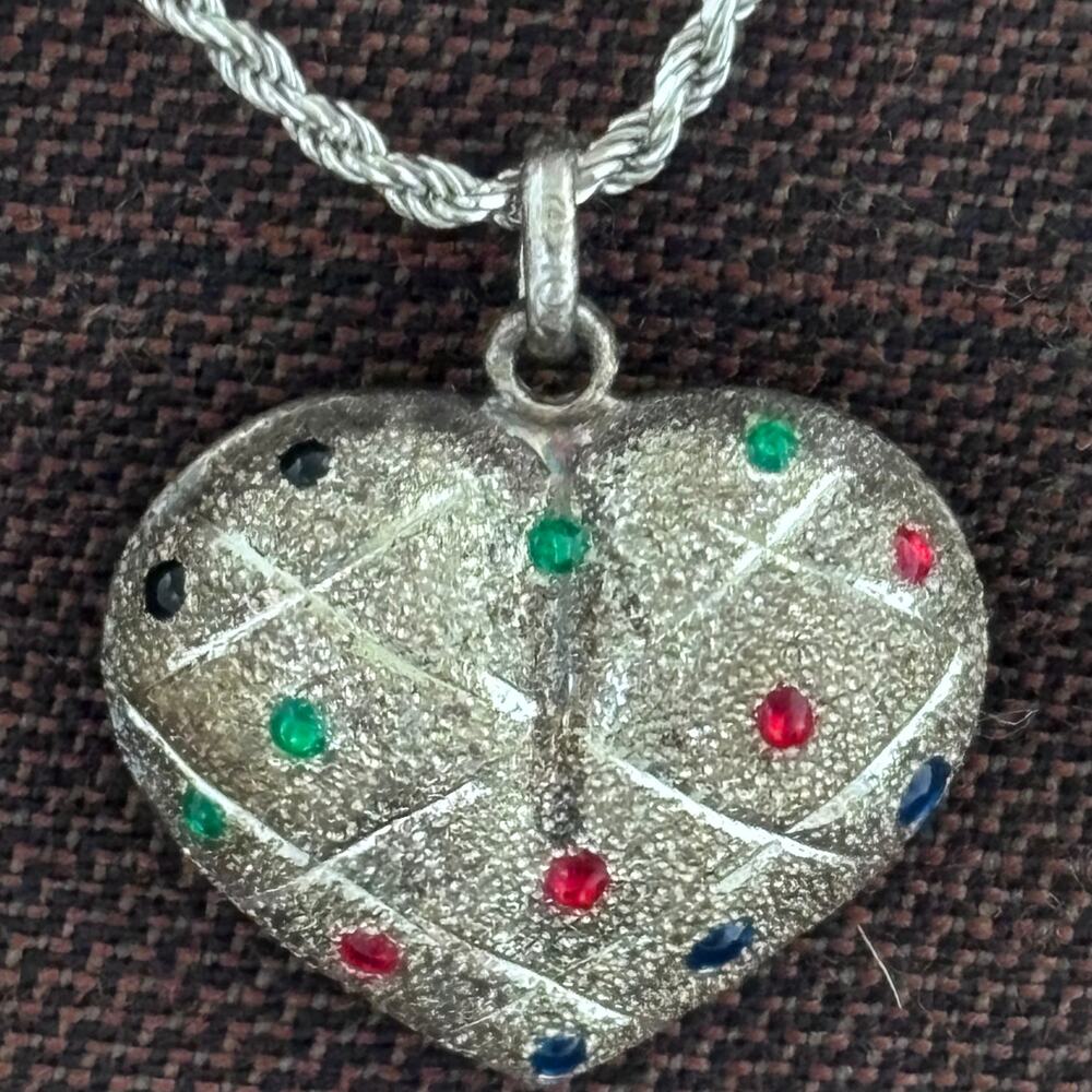 Sterling Silver 925 Italy Puffy Textured Heart Pendant Necklace 18" Jeweled